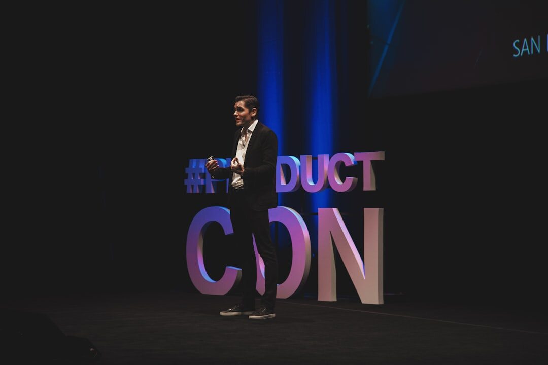 confident speaker on stage